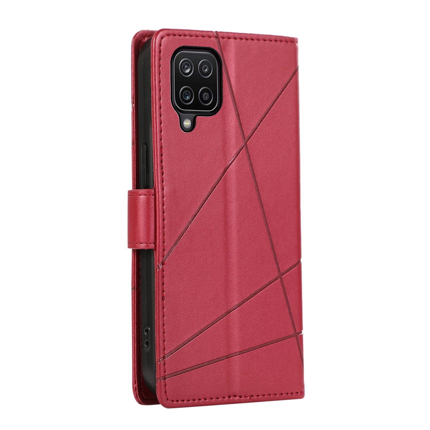 Samsung Galaxy A12 PU Genuine Leather Texture Embossed Line Phone Case with Card Wallet, Kickstand & Wrist Strap