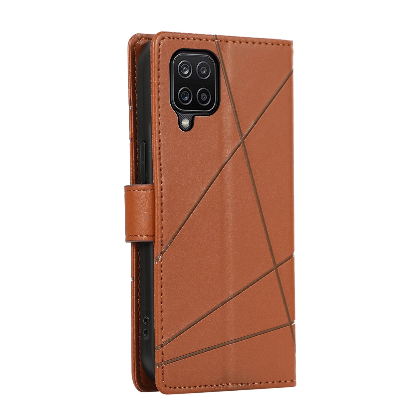 Samsung Galaxy A12 PU Genuine Leather Texture Embossed Line Phone Case with Card Wallet, Kickstand & Wrist Strap