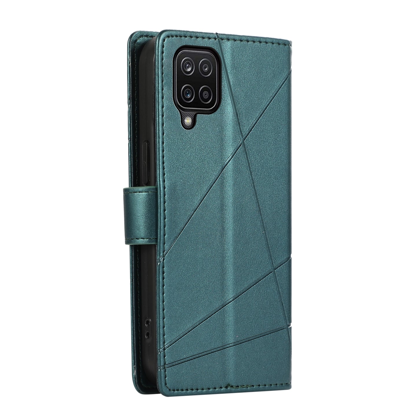 Samsung Galaxy A12 PU Genuine Leather Texture Embossed Line Phone Case with Card Wallet, Kickstand & Wrist Strap