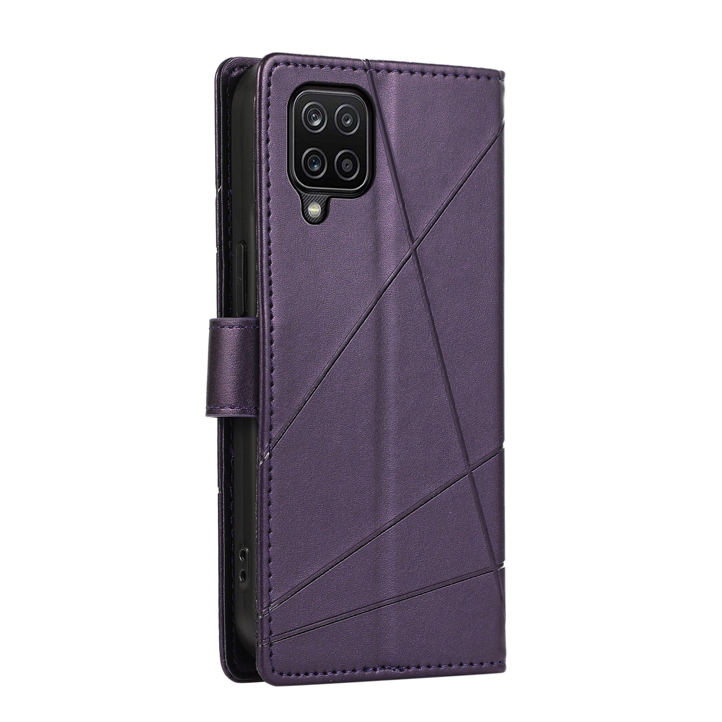 Samsung Galaxy A12 PU Genuine Leather Texture Embossed Line Phone Case with Card Wallet, Kickstand & Wrist Strap