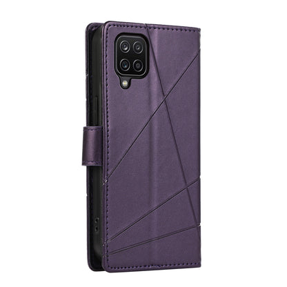 Samsung Galaxy A12 PU Genuine Leather Texture Embossed Line Phone Case with Card Wallet, Kickstand & Wrist Strap