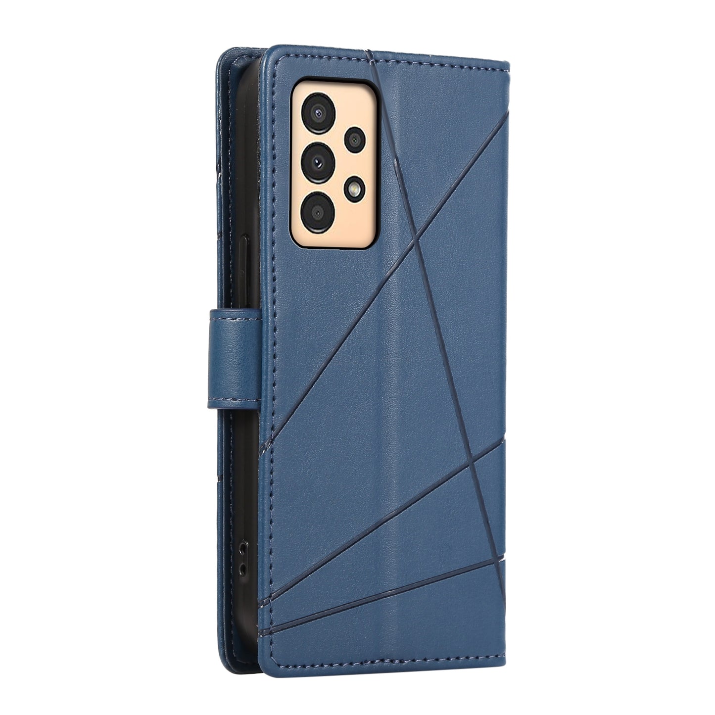 Samsung Galaxy A13 PU Genuine Leather Texture Embossed Line Phone Case with Card Wallet, Kickstand & Wrist Strap
