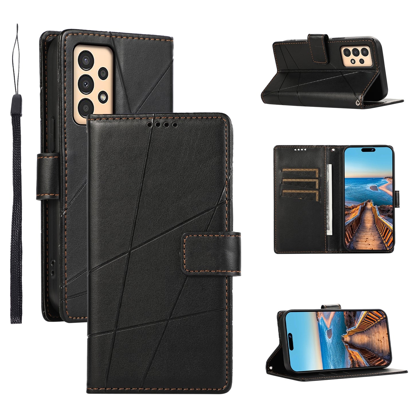 Samsung Galaxy A13 PU Genuine Leather Texture Embossed Line Phone Case with Card Wallet, Kickstand & Wrist Strap