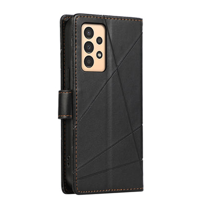 Samsung Galaxy A13 PU Genuine Leather Texture Embossed Line Phone Case with Card Wallet, Kickstand & Wrist Strap