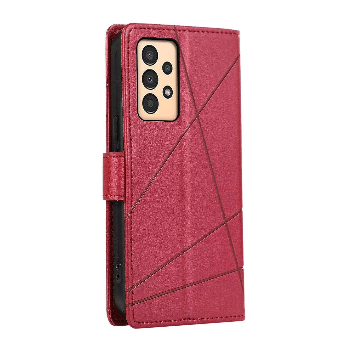 Samsung Galaxy A13 PU Genuine Leather Texture Embossed Line Phone Case with Card Wallet, Kickstand & Wrist Strap