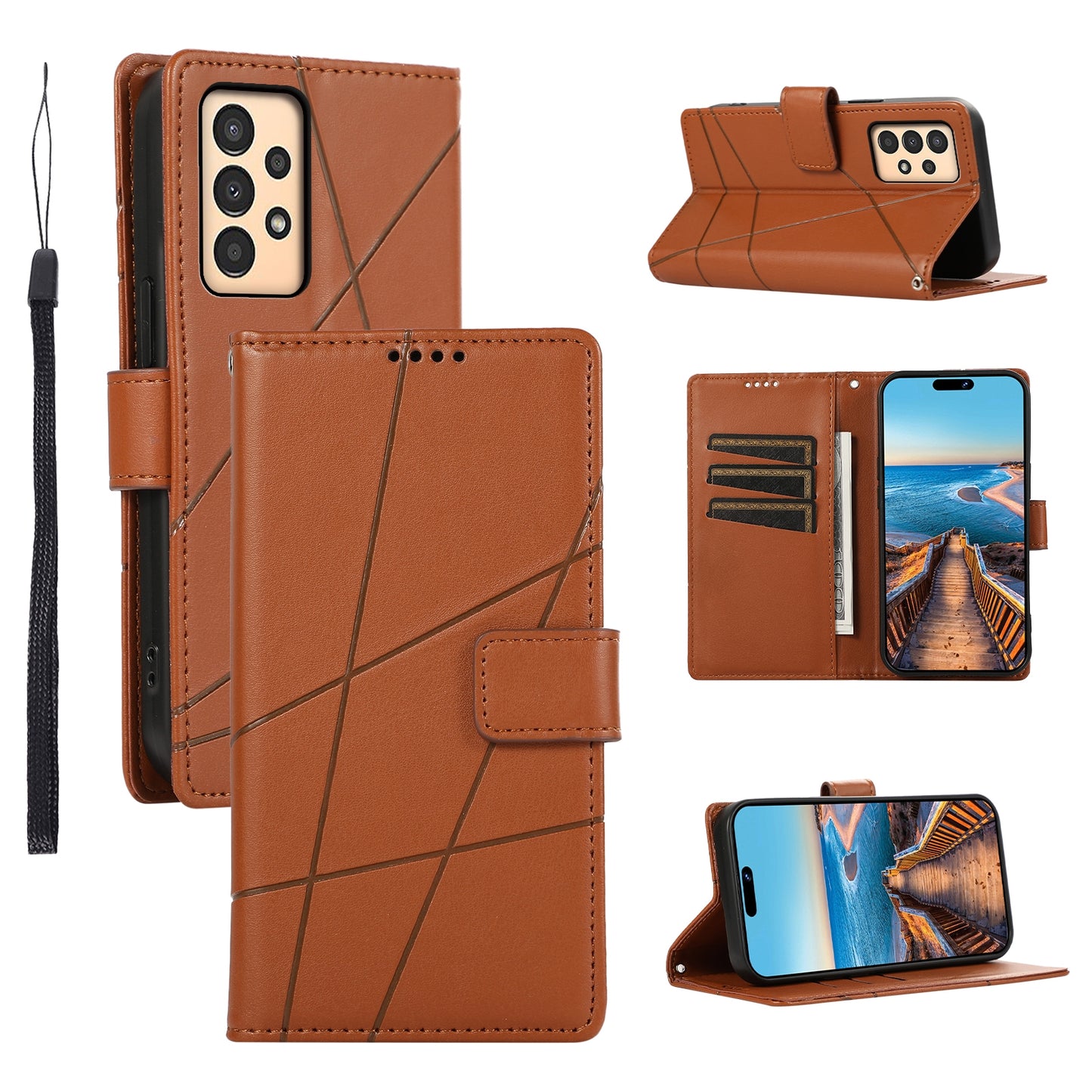 Samsung Galaxy A13 PU Genuine Leather Texture Embossed Line Phone Case with Card Wallet, Kickstand & Wrist Strap
