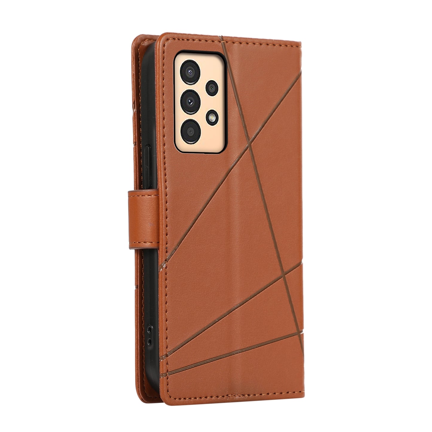 Samsung Galaxy A13 PU Genuine Leather Texture Embossed Line Phone Case with Card Wallet, Kickstand & Wrist Strap