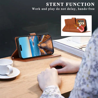 Samsung Galaxy A13 PU Genuine Leather Texture Embossed Line Phone Case with Card Wallet, Kickstand & Wrist Strap
