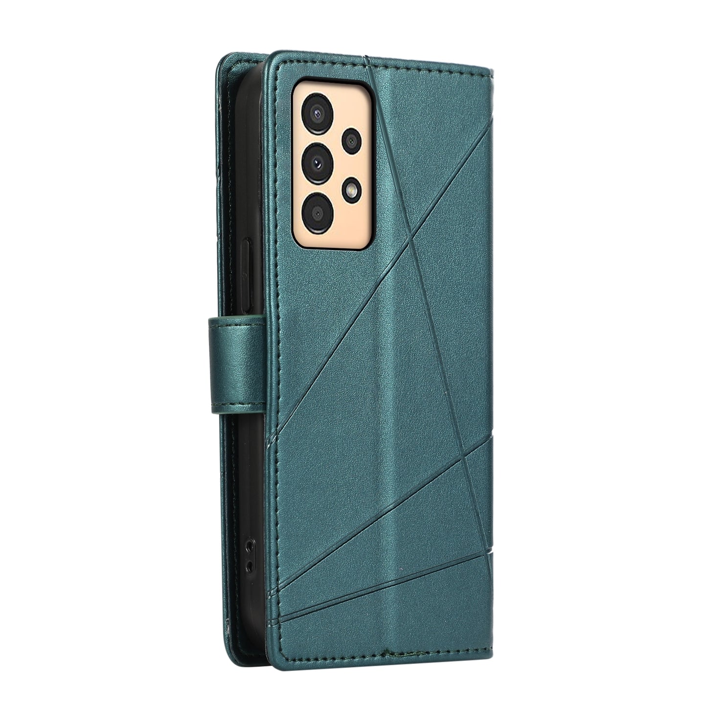 Samsung Galaxy A13 PU Genuine Leather Texture Embossed Line Phone Case with Card Wallet, Kickstand & Wrist Strap