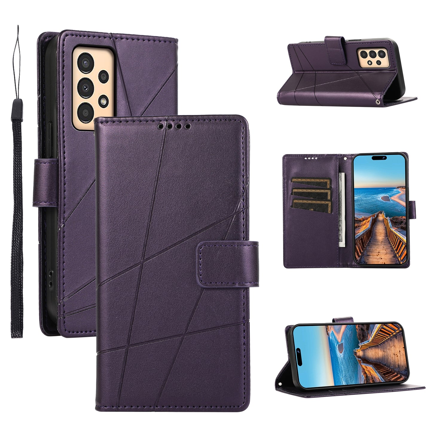Samsung Galaxy A13 PU Genuine Leather Texture Embossed Line Phone Case with Card Wallet, Kickstand & Wrist Strap