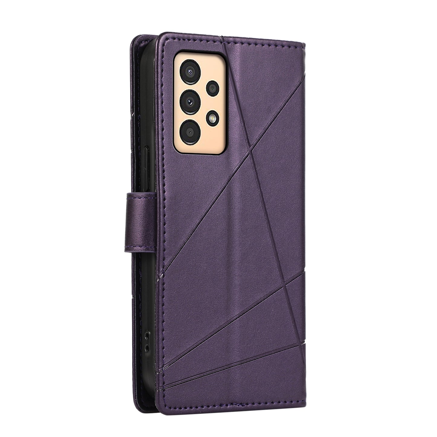 Samsung Galaxy A13 PU Genuine Leather Texture Embossed Line Phone Case with Card Wallet, Kickstand & Wrist Strap