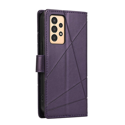 Samsung Galaxy A13 PU Genuine Leather Texture Embossed Line Phone Case with Card Wallet, Kickstand & Wrist Strap