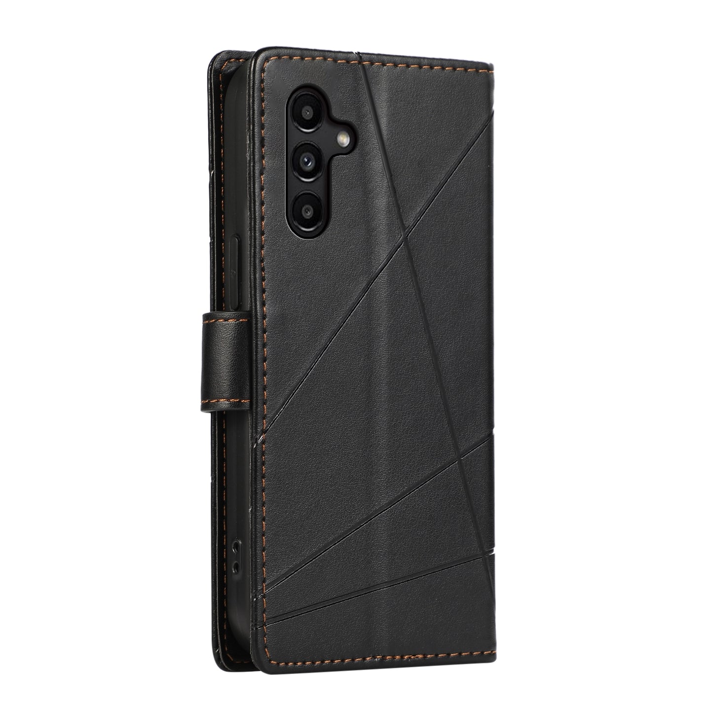 Samsung Galaxy A14 PU Genuine Leather Texture Embossed Line Phone Case with Card Wallet, Kickstand & Wrist Strap
