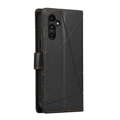 Samsung Galaxy A14 PU Genuine Leather Texture Embossed Line Phone Case with Card Wallet, Kickstand & Wrist Strap