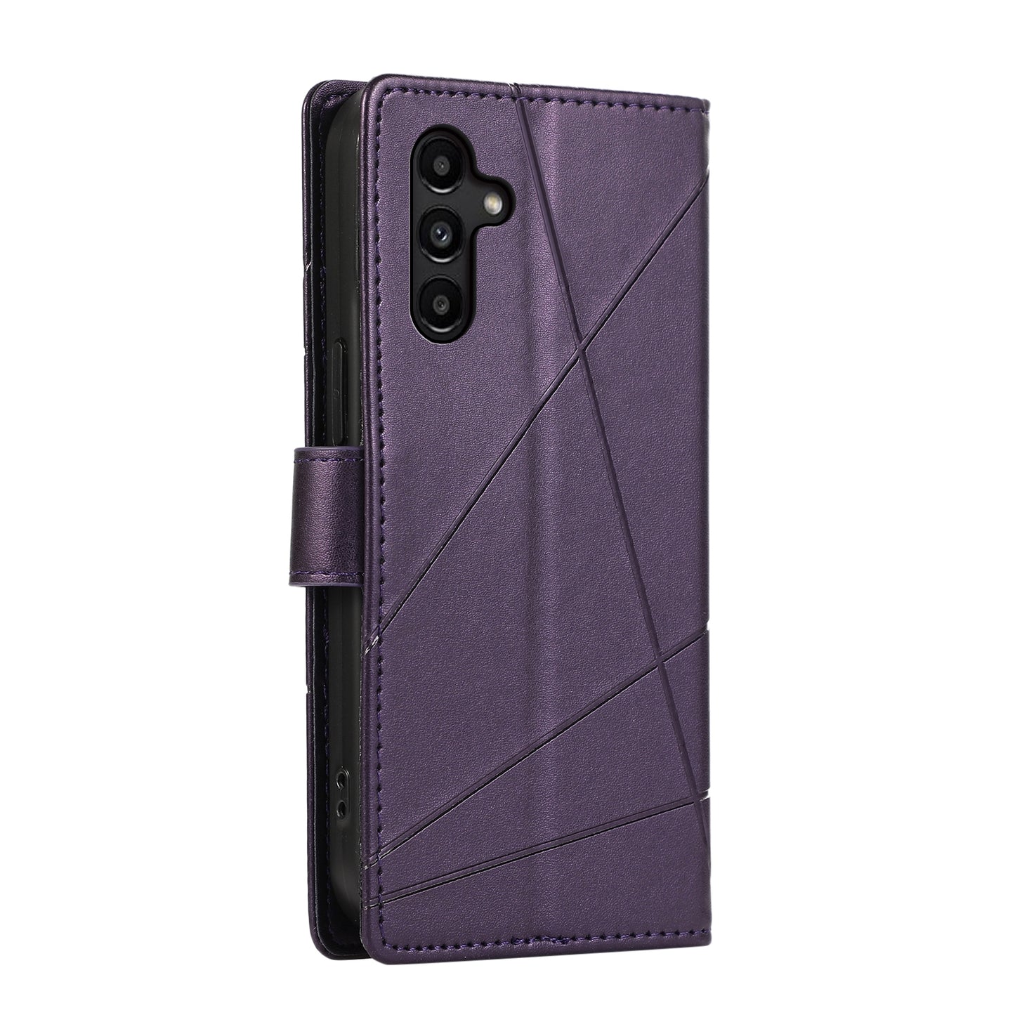 Samsung Galaxy A14 PU Genuine Leather Texture Embossed Line Phone Case with Card Wallet, Kickstand & Wrist Strap