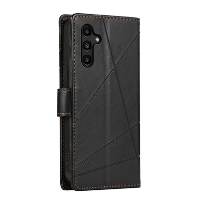 Samsung Galaxy A15 PU Genuine Leather Texture Embossed Line Phone Case with Card Wallet, Kickstand & Wrist Strap