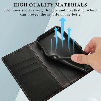 Samsung Galaxy A15 PU Genuine Leather Texture Embossed Line Phone Case with Card Wallet, Kickstand & Wrist Strap