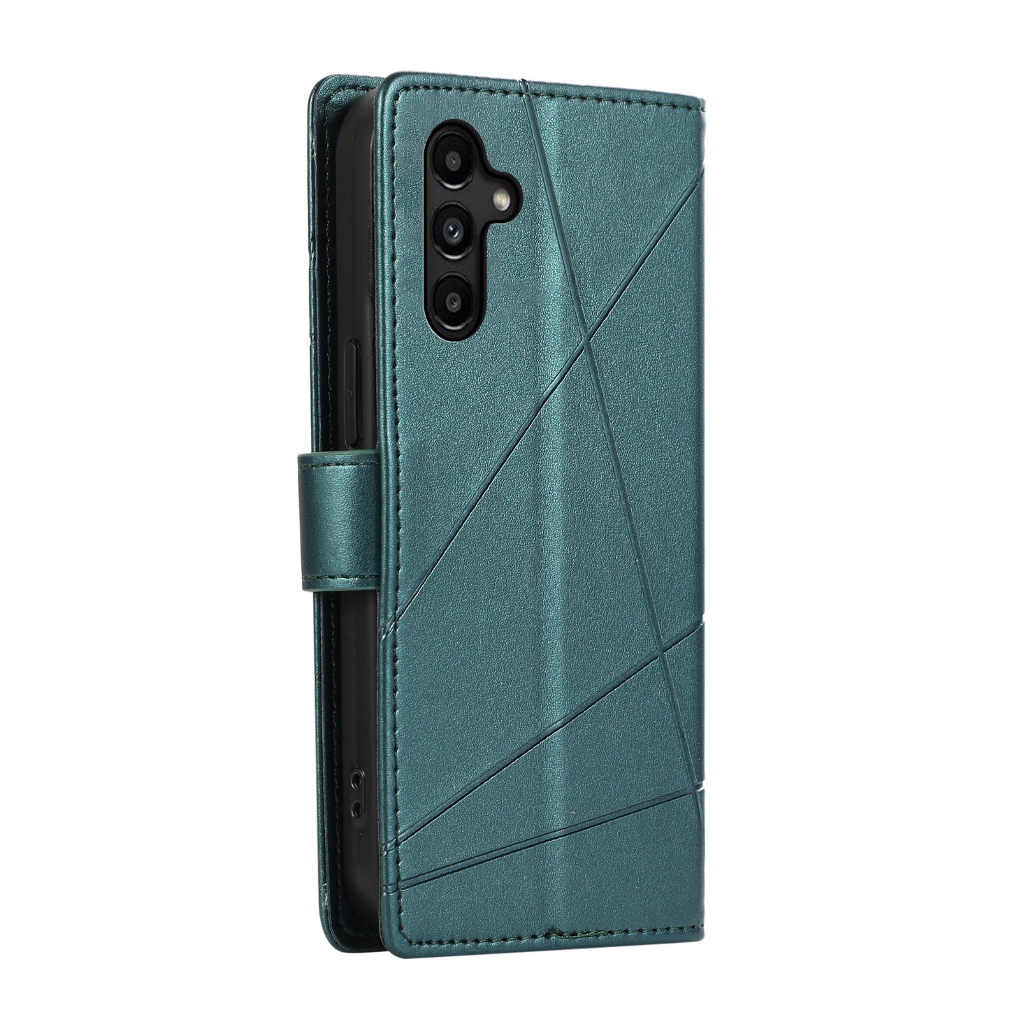 Samsung Galaxy A15 PU Genuine Leather Texture Embossed Line Phone Case with Card Wallet, Kickstand & Wrist Strap