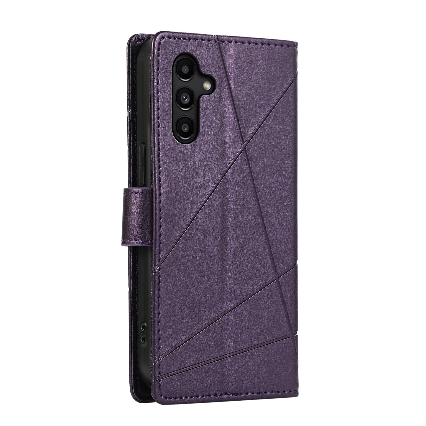 Samsung Galaxy A15 PU Genuine Leather Texture Embossed Line Phone Case with Card Wallet, Kickstand & Wrist Strap