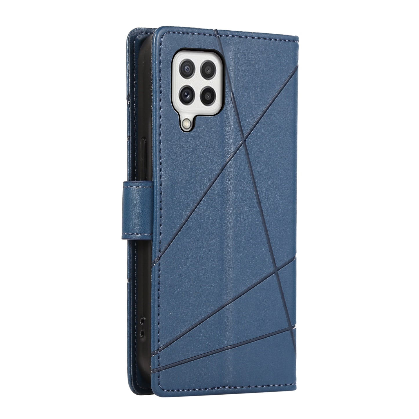Samsung Galaxy A22 4G PU Genuine Leather Texture Embossed Line Phone Case with Card Wallet, Kickstand & Wrist Strap