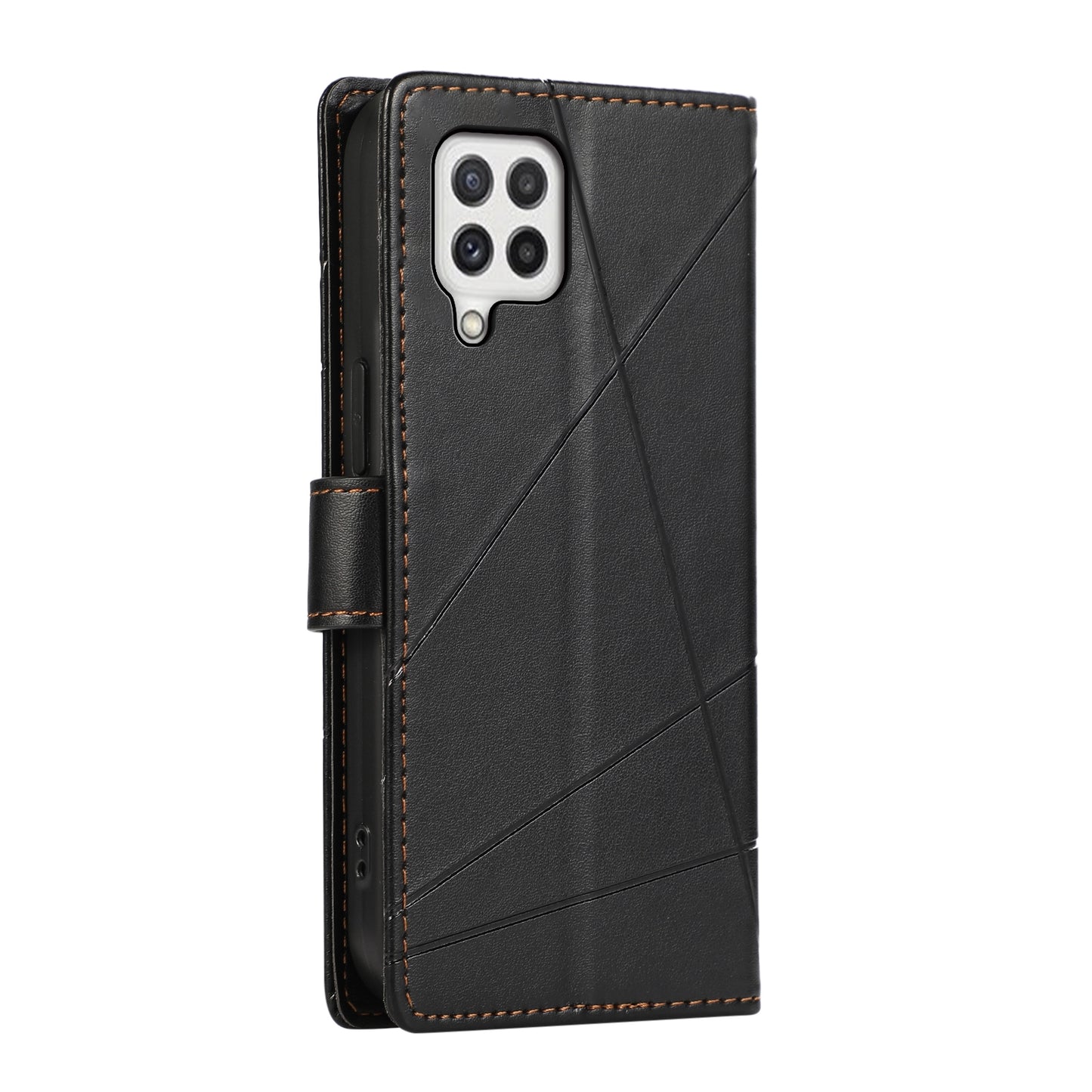 Samsung Galaxy A22 4G PU Genuine Leather Texture Embossed Line Phone Case with Card Wallet, Kickstand & Wrist Strap