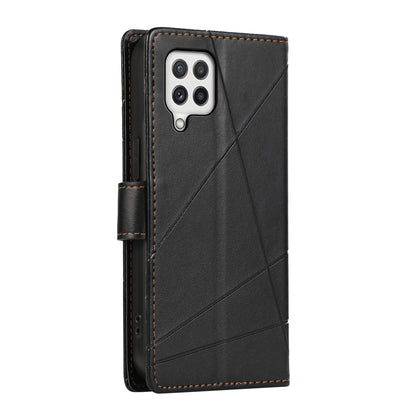 Samsung Galaxy A22 4G PU Genuine Leather Texture Embossed Line Phone Case with Card Wallet, Kickstand & Wrist Strap
