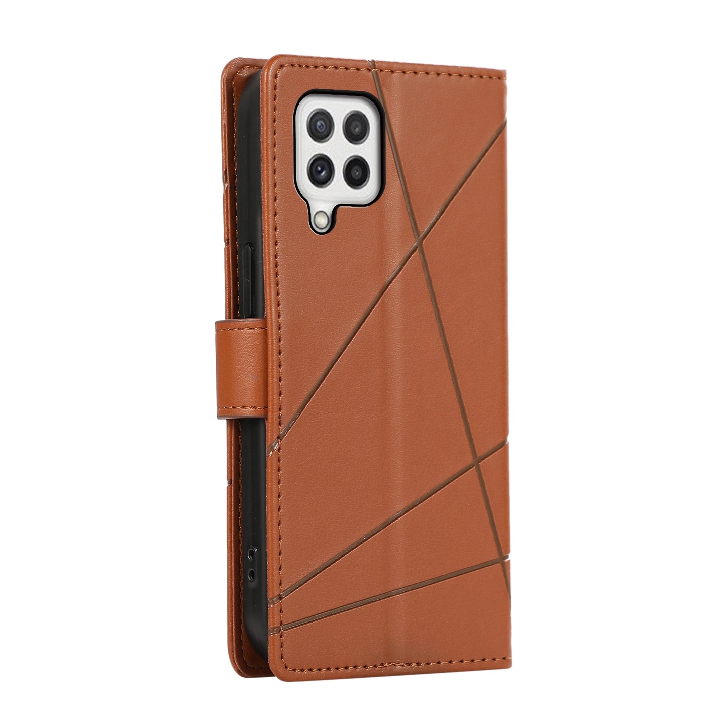 Samsung Galaxy A22 4G PU Genuine Leather Texture Embossed Line Phone Case with Card Wallet, Kickstand & Wrist Strap