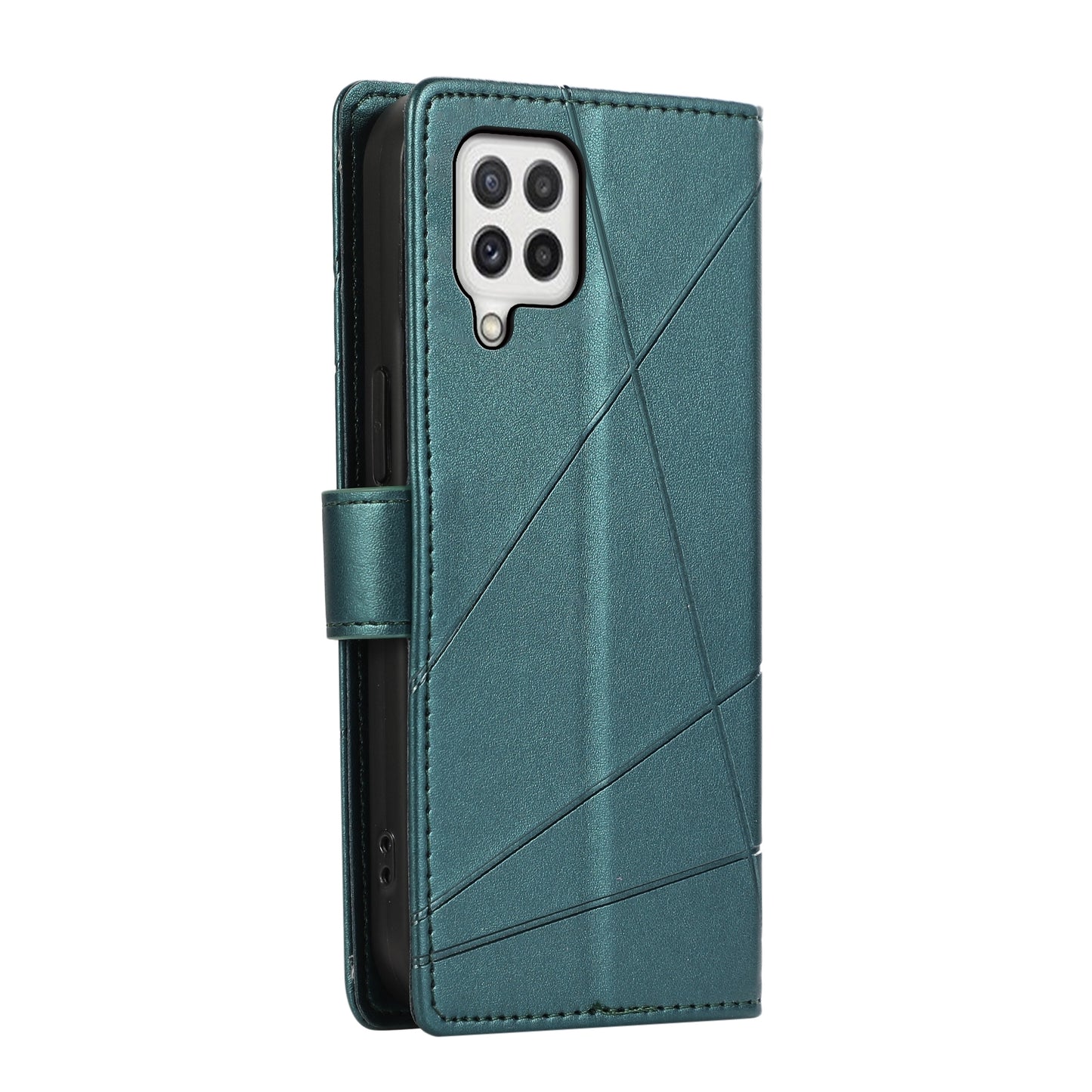 Samsung Galaxy A22 4G PU Genuine Leather Texture Embossed Line Phone Case with Card Wallet, Kickstand & Wrist Strap
