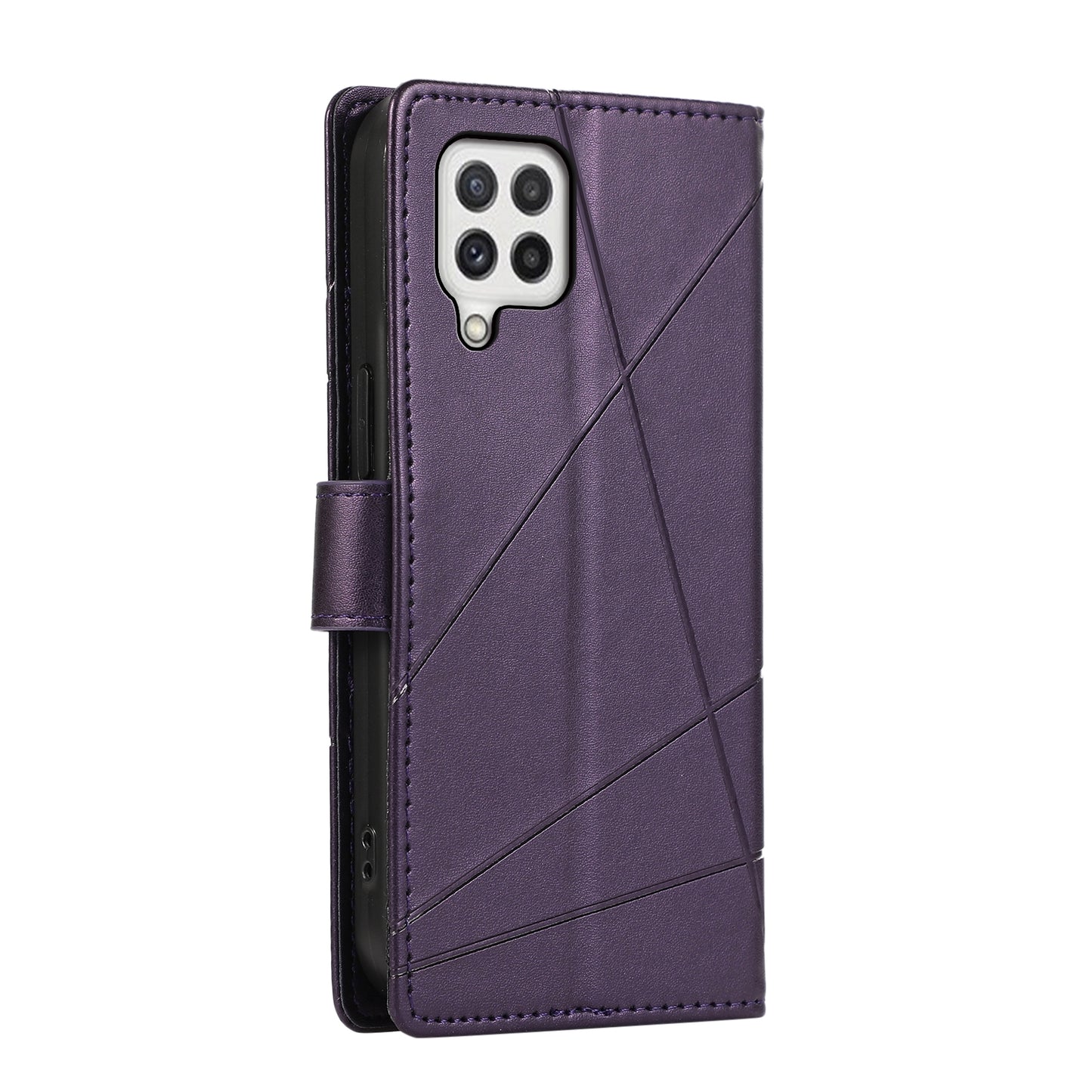 Samsung Galaxy A22 4G PU Genuine Leather Texture Embossed Line Phone Case with Card Wallet, Kickstand & Wrist Strap