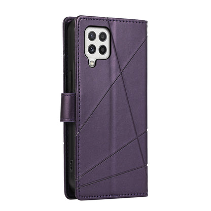 Samsung Galaxy A22 4G PU Genuine Leather Texture Embossed Line Phone Case with Card Wallet, Kickstand & Wrist Strap