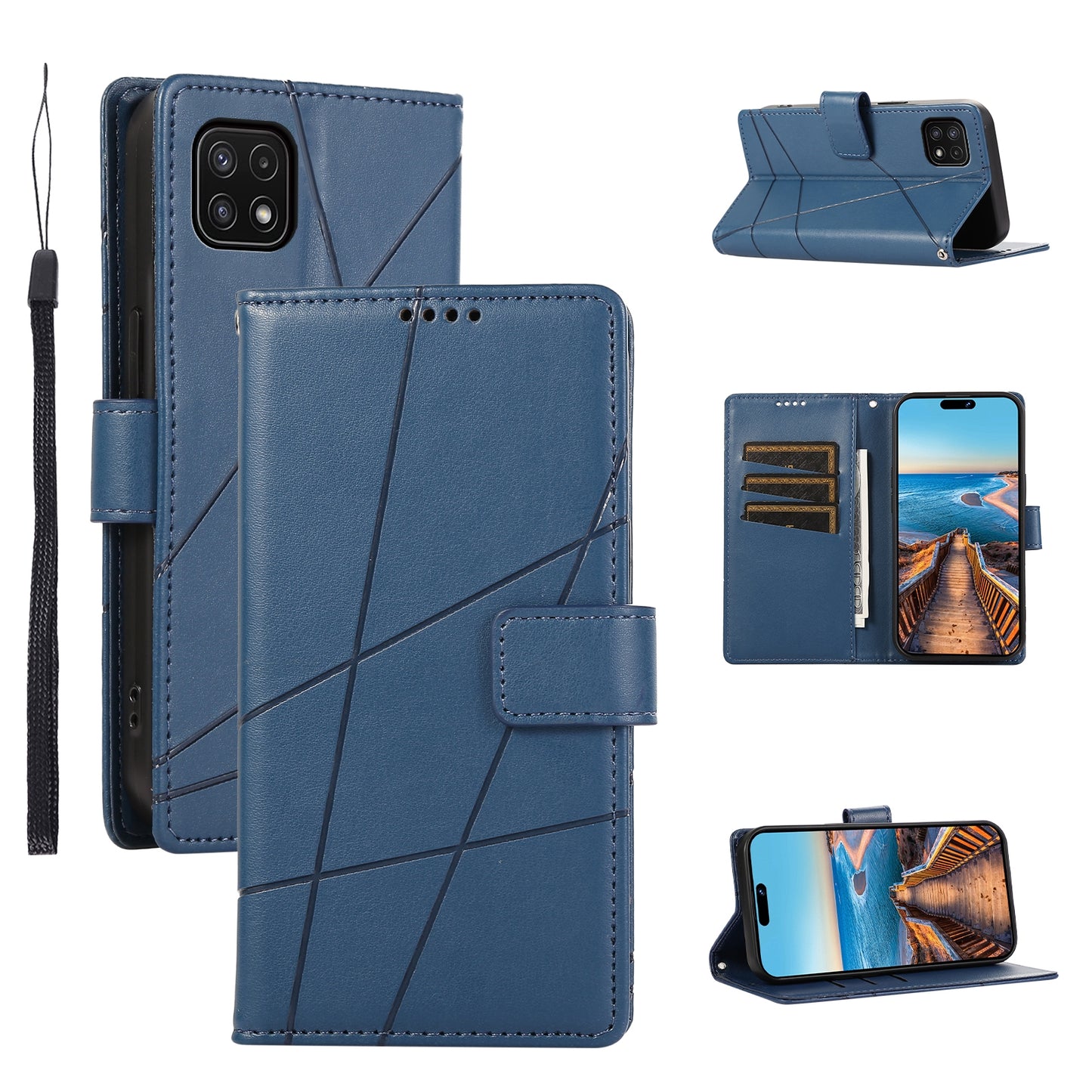 Samsung Galaxy A22 5G PU Genuine Leather Texture Embossed Line Phone Case with Card Wallet, Kickstand & Wrist Strap