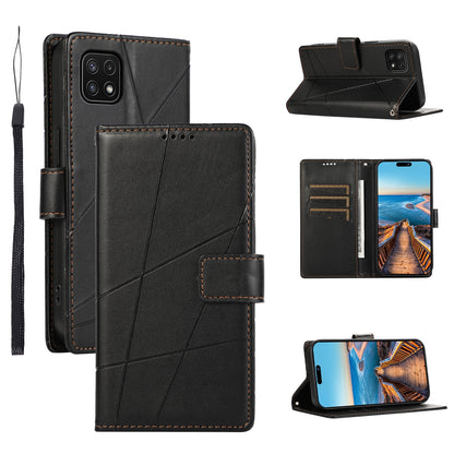 Samsung Galaxy A22 5G PU Genuine Leather Texture Embossed Line Phone Case with Card Wallet, Kickstand & Wrist Strap