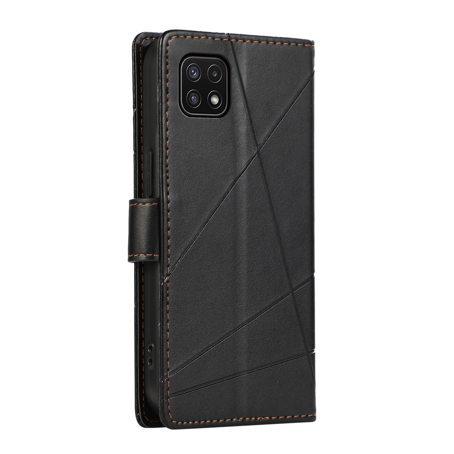 Samsung Galaxy A22 5G PU Genuine Leather Texture Embossed Line Phone Case with Card Wallet, Kickstand & Wrist Strap