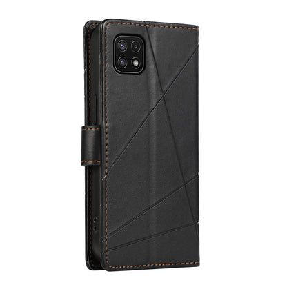 Samsung Galaxy A22 5G PU Genuine Leather Texture Embossed Line Phone Case with Card Wallet, Kickstand & Wrist Strap