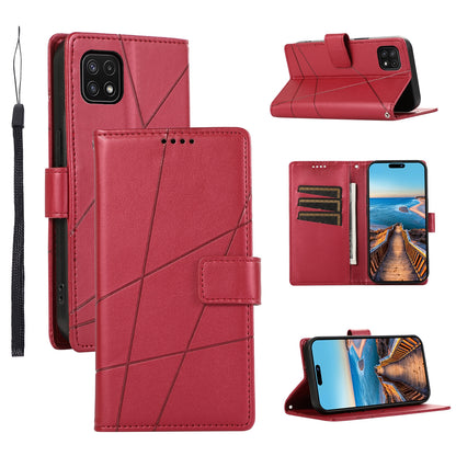 Samsung Galaxy A22 5G PU Genuine Leather Texture Embossed Line Phone Case with Card Wallet, Kickstand & Wrist Strap