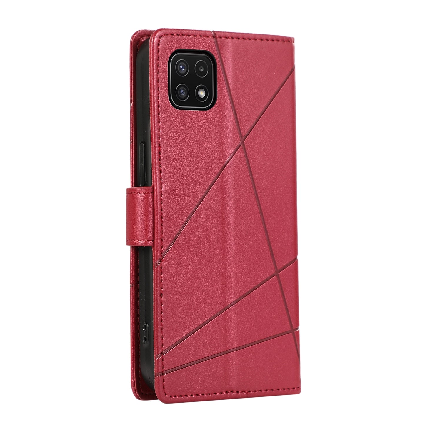 Samsung Galaxy A22 5G PU Genuine Leather Texture Embossed Line Phone Case with Card Wallet, Kickstand & Wrist Strap