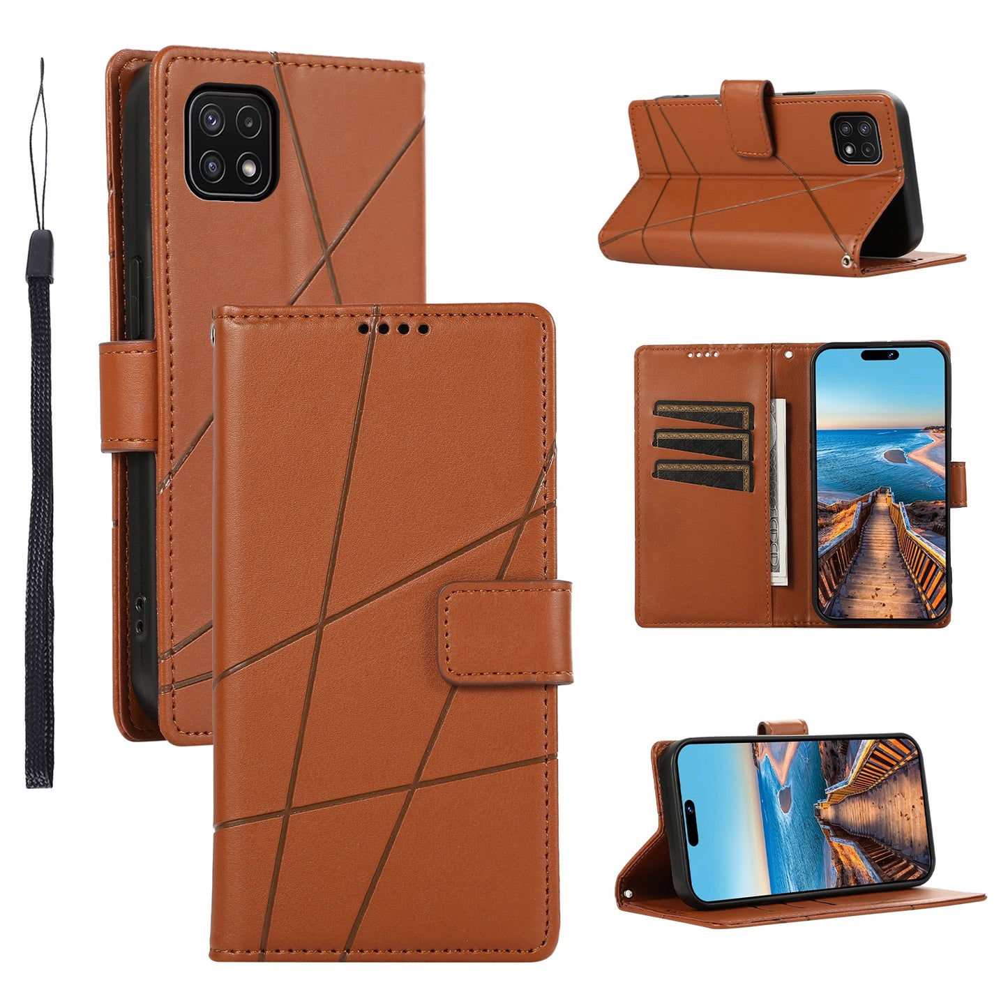 Samsung Galaxy A22 5G PU Genuine Leather Texture Embossed Line Phone Case with Card Wallet, Kickstand & Wrist Strap