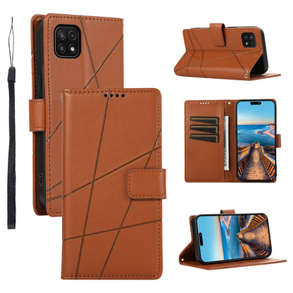Samsung Galaxy A22 5G PU Genuine Leather Texture Embossed Line Phone Case with Card Wallet, Kickstand & Wrist Strap