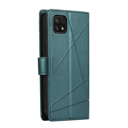 Samsung Galaxy A22 5G PU Genuine Leather Texture Embossed Line Phone Case with Card Wallet, Kickstand & Wrist Strap