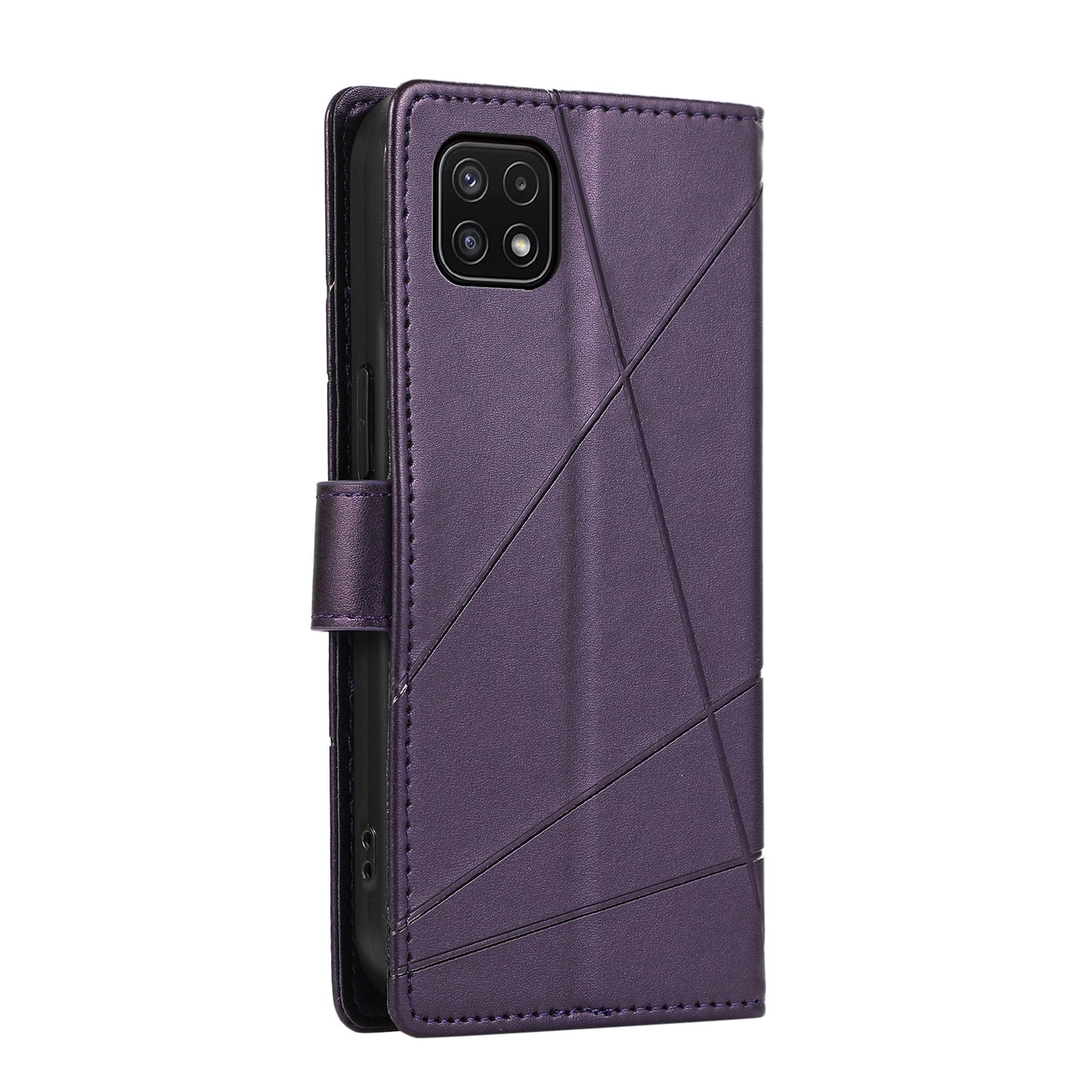 Samsung Galaxy A22 5G PU Genuine Leather Texture Embossed Line Phone Case with Card Wallet, Kickstand & Wrist Strap