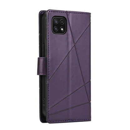 Samsung Galaxy A22 5G PU Genuine Leather Texture Embossed Line Phone Case with Card Wallet, Kickstand & Wrist Strap