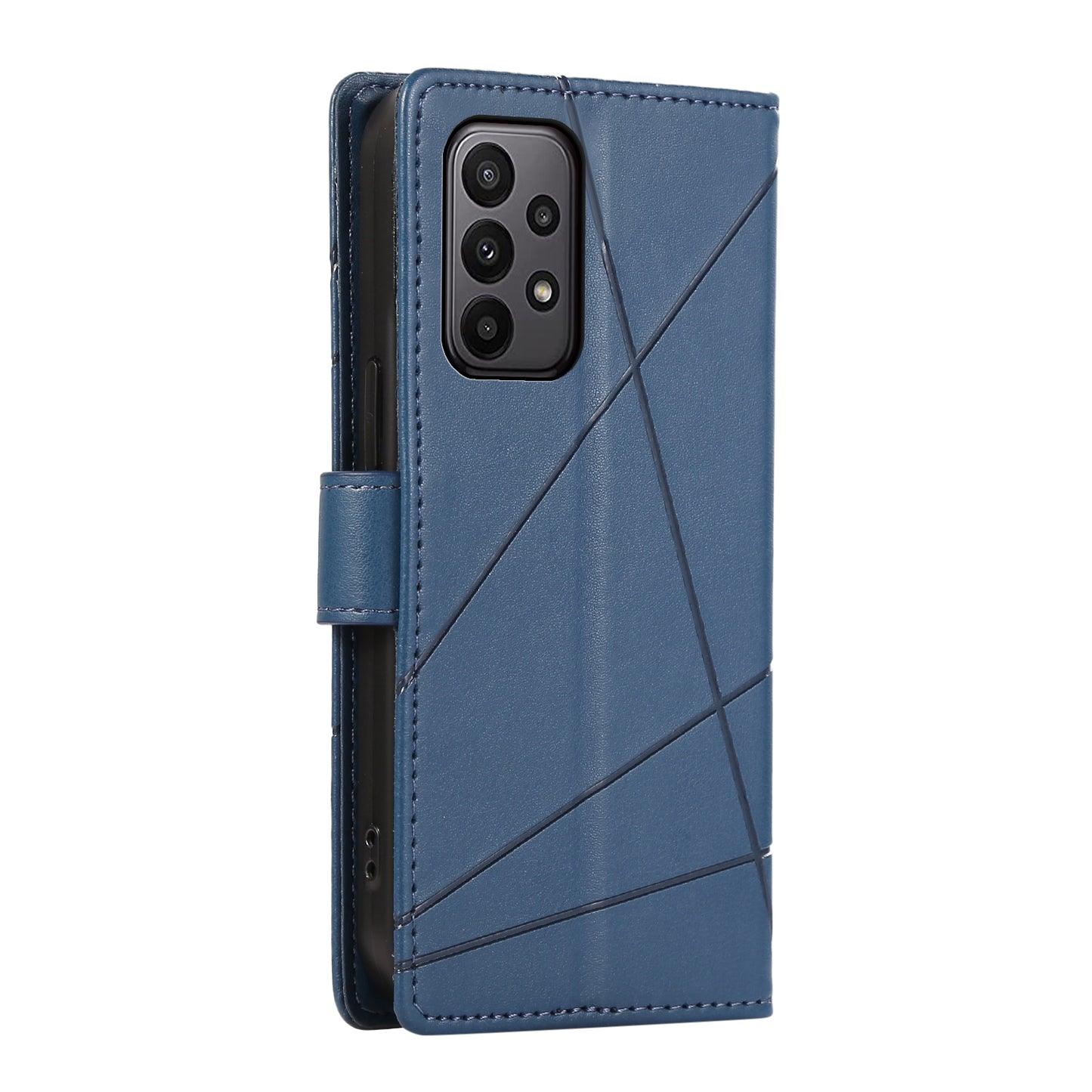 Samsung Galaxy A23 PU Genuine Leather Texture Embossed Line Phone Case with Card Wallet, Kickstand & Wrist Strap