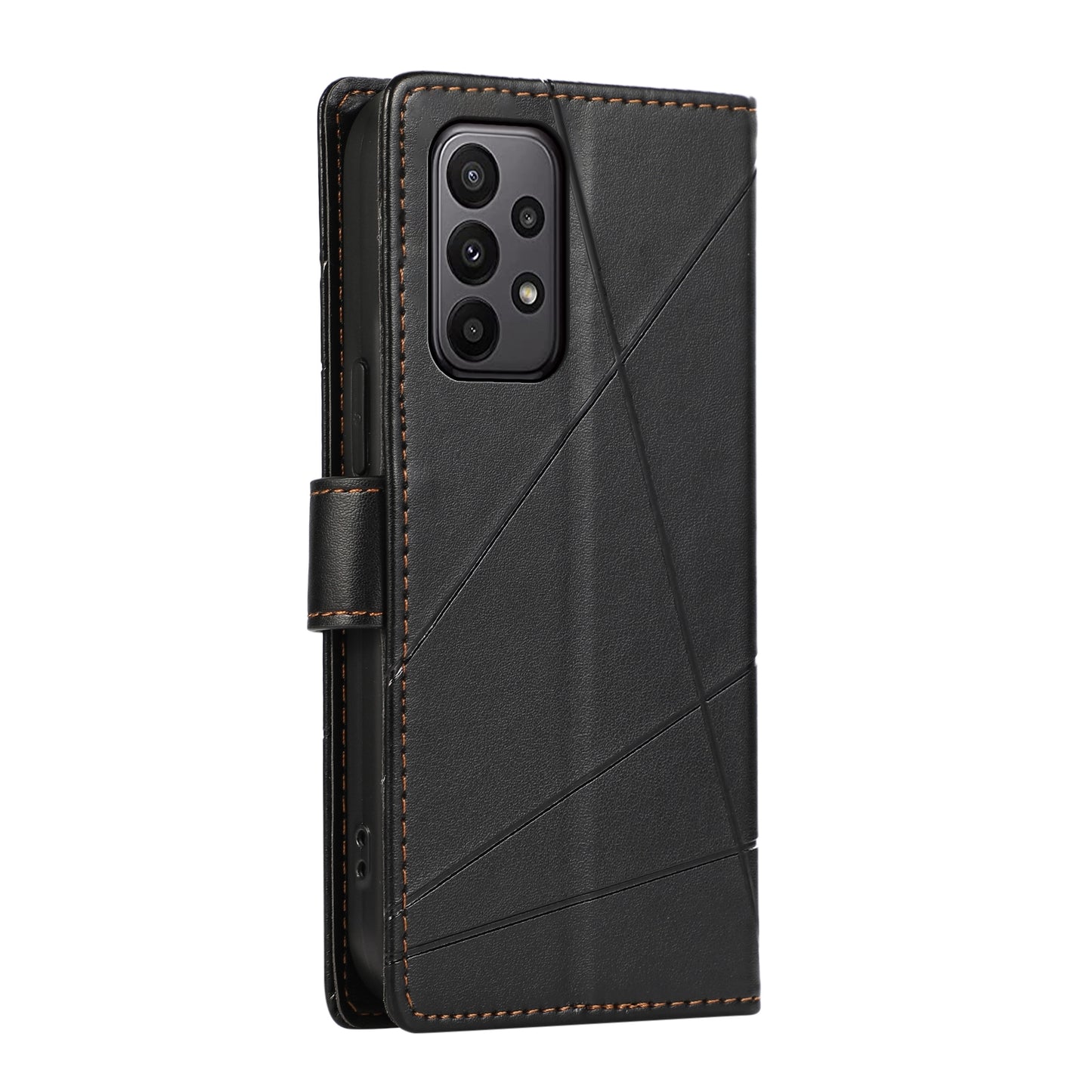 Samsung Galaxy A23 PU Genuine Leather Texture Embossed Line Phone Case with Card Wallet, Kickstand & Wrist Strap