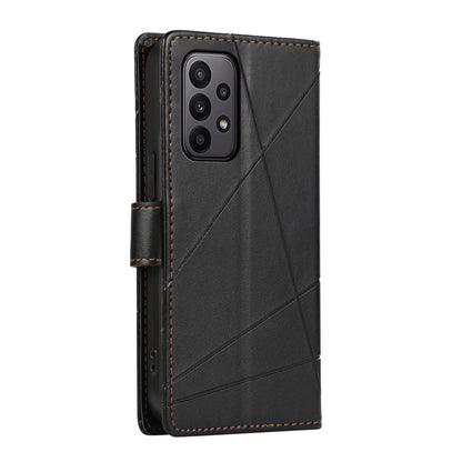Samsung Galaxy A23 PU Genuine Leather Texture Embossed Line Phone Case with Card Wallet, Kickstand & Wrist Strap
