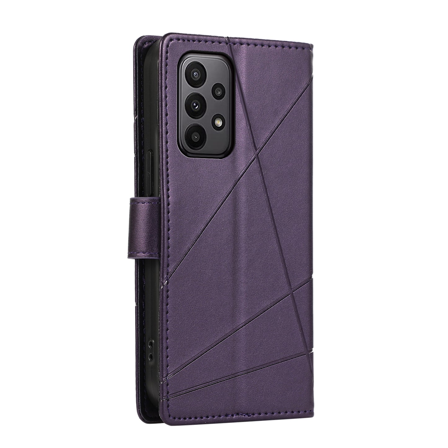 Samsung Galaxy A23 PU Genuine Leather Texture Embossed Line Phone Case with Card Wallet, Kickstand & Wrist Strap