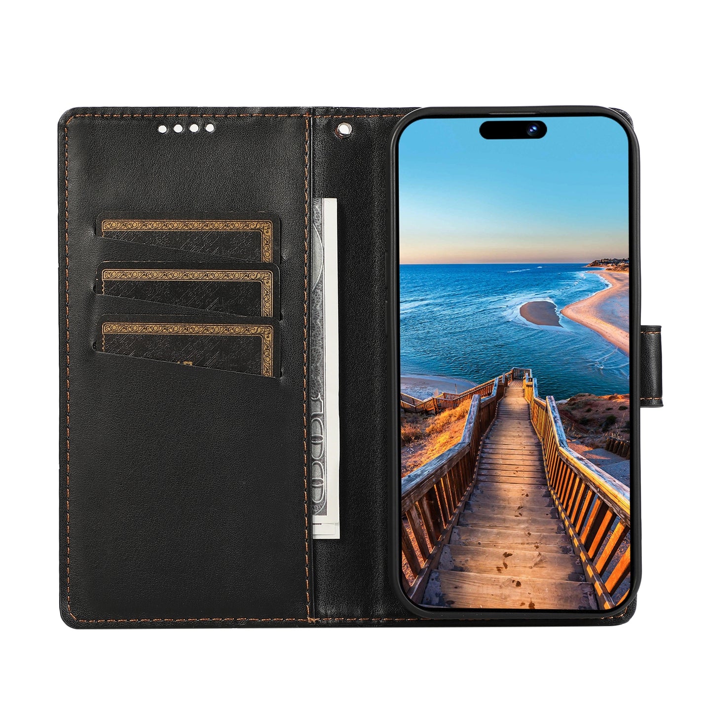 Samsung Galaxy A24 4G PU Genuine Leather Texture Embossed Line Phone Case with Card Wallet, Kickstand & Wrist Strap