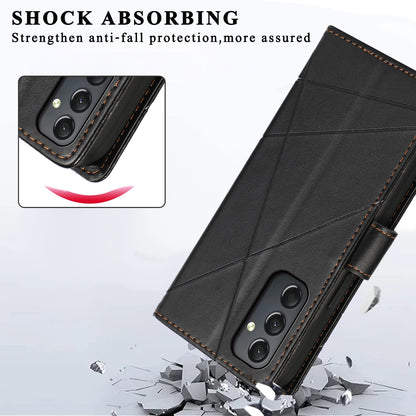 Samsung Galaxy A24 4G PU Genuine Leather Texture Embossed Line Phone Case with Card Wallet, Kickstand & Wrist Strap