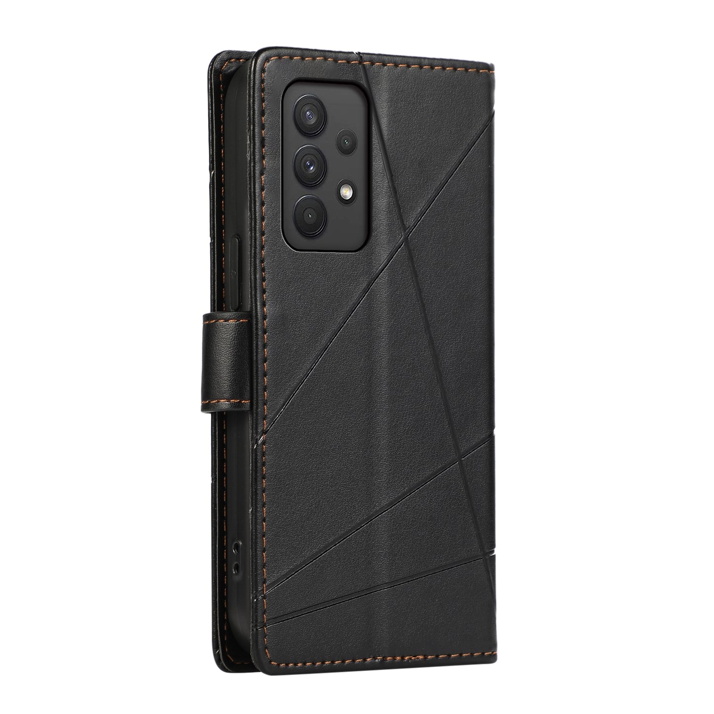 Samsung Galaxy A32 PU Genuine Leather Texture Embossed Line Phone Case with Card Wallet, Kickstand & Wrist Strap