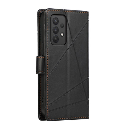 Samsung Galaxy A32 PU Genuine Leather Texture Embossed Line Phone Case with Card Wallet, Kickstand & Wrist Strap