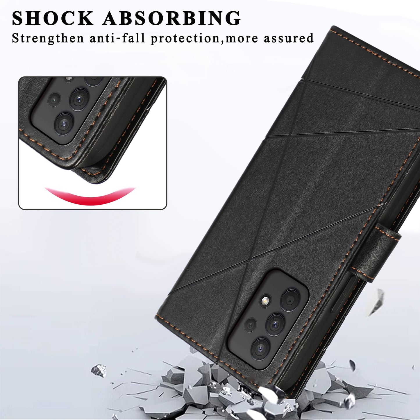 Samsung Galaxy A32 PU Genuine Leather Texture Embossed Line Phone Case with Card Wallet, Kickstand & Wrist Strap